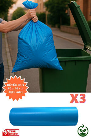 Premium Büyük Boy Çöp Poşeti 65x80 cm 3x10 Adet Ev Mutfak Banyo İş Ofis Avantajlı Ekonomik Paket