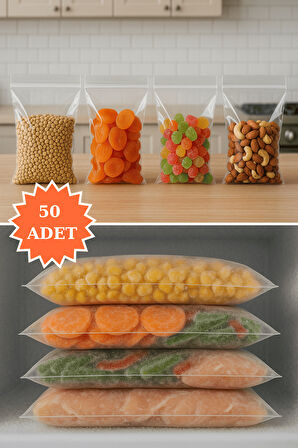 Kilitli Şeffaf Saklama Torbası Buzdolabı Gıda Çerez Bakliyat Kına Hediyelik Poşet 29,5x23 cm 50 Adet