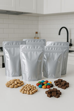 Kilitli Alüminyum Doypack Kahve Kuruyemiş Bakliyat Kedi Köpek Kuş Yemi Saklama Torbası 16x27 cm 25Li