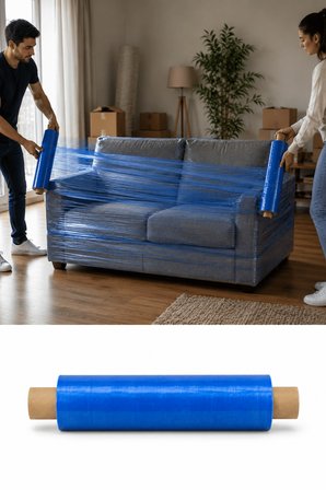 El Tipi Mavi Streç Film Mobilya Eşya Koli Palet Paket Taşıma Sarma Koruma 40 cm x 300 m 18 Mikron