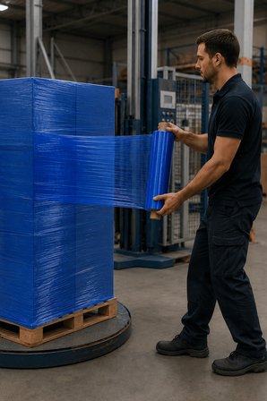 El Tipi Mavi Streç Film Mobilya Eşya Koli Palet Paket Taşıma Sarma Koruma 40 cm x 500 m 18 Mikron