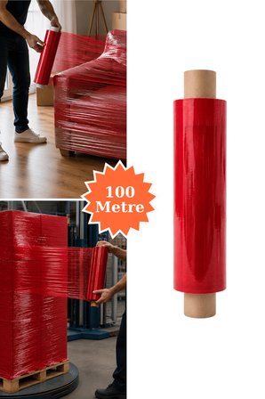 El Tipi Kırmızı Streç Film Mobilya Eşya Koli Palet Paket Taşıma Sarma Koruma 40 cm x 100 m 23 Mikron