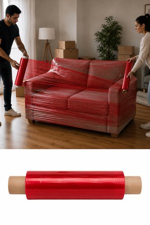 El Tipi Kırmızı Streç Film Mobilya Eşya Koli Palet Paket Taşıma Sarma Koruma 40 cm x 500 m 23 Mikron