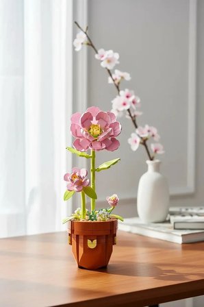 Pembe Japon Gülü Dekoratif Oyun Bloğu – Saksılı Birleştirilebilir Hobi Seti