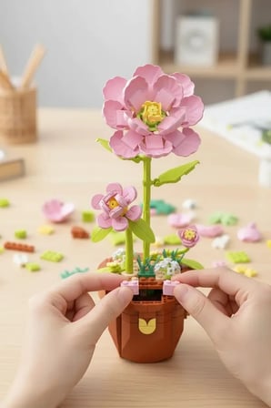 Pembe Japon Gülü Dekoratif Oyun Bloğu – Saksılı Birleştirilebilir Hobi Seti
