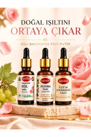 Gül+Jojoba+Üzüm Çekirdeği Yağı Cilt Bakım Yağ Seti 3’lü – Işıltı ve Nem Desteği 3x20 ml