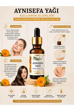 Aynısefa Yağı 20 ML Calendula Oil İnfüze Yağ Cilt Bakım Yağı Bitkisel Bakım ve Masaj Yağı Premium Bakım Yağı