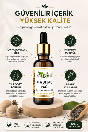 Haşhaş Yağı 20 ml Bitkisel Bakım Yağı Cilt Saç ve Vücut Bakımına Uygun Premium Kalite Damlalıklı Şişe