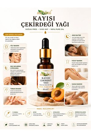 Kayısı Çekirdeği Yağı 20 ml Soğuk Pres %100 Saf Premium Cilt Saç Vücut Bakım Yağı Pure Oil