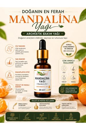 Mandalina Yağı 20 ml Aromatik Bakım Yağı Cilt Saç Vücut ve Masaj Bakımı İçin Premium Mandarin Oil