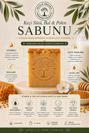 Secille Organic Soğuk Döküm Keçi Sütü Bal ve Polen Sabunu 120g-El Yapımı Doğal Sabun