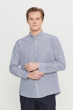 Pamuklu Tailored Slim Fit Dar Kesim Düğmeli Klasik Yaka Çizgili Gömlek