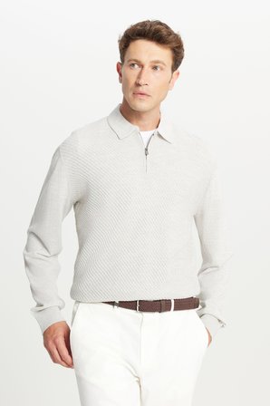 Yünlü Standart Fit Normal Kesim Polo Yaka Jakarlı Triko Kazak