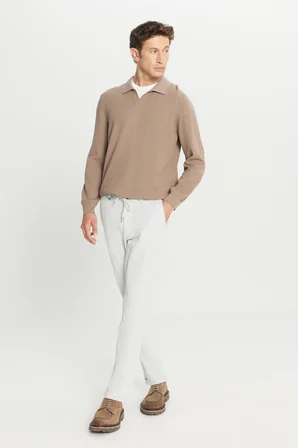 Pamuklu Standart Fit Normal Kesim Polo Yaka Jakarlı Triko Kazak