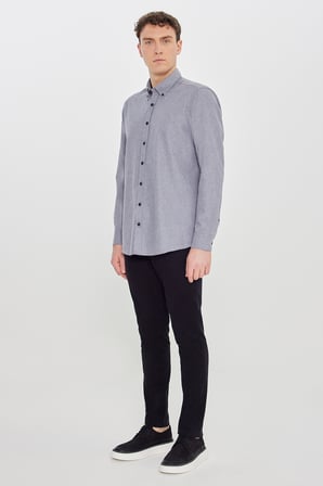 Pamuklu Slim Fit Dar Kesim Düğmeli Yaka Diagonal Desenli Flanel Gömlek