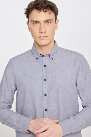 Pamuklu Slim Fit Dar Kesim Düğmeli Yaka Diagonal Desenli Flanel Gömlek