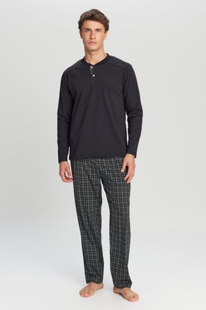 %100 Pamuk Standart Fit Hakim Yaka Desenli Cepli Pijama Takımı