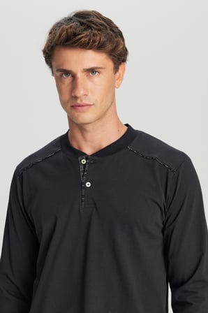 %100 Pamuk Standart Fit Hakim Yaka Desenli Cepli Pijama Takımı