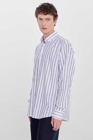 Pamuklu Keten Slim Fit Dar Kesim Düğmeli Yaka Çizgili Gömlek