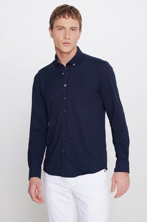 360 Her Yöne Esneyen Pamuklu Tailored Slim Fit Dar Kesim Düğmeli Yaka Örme Gömlek
