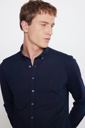 360 Her Yöne Esneyen Pamuklu Tailored Slim Fit Dar Kesim Düğmeli Yaka Örme Gömlek