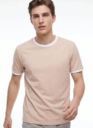 Bej Erkek Bisiklet Yaka %100 Pamuk T-Shirt ACE091262760