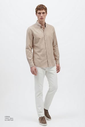 %100 Pamuk Slim Fit Dar Kesim Düğmeli Yaka Gofre Desenli Gömlek
