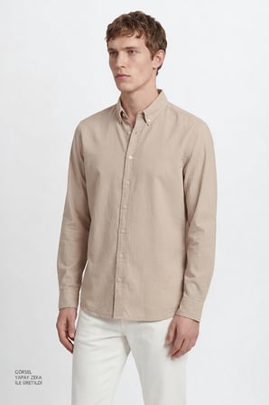 %100 Pamuk Slim Fit Dar Kesim Düğmeli Yaka Gofre Desenli Gömlek