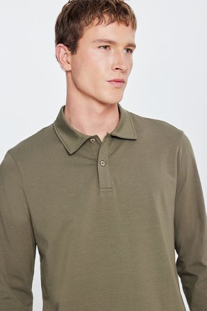 Pamuklu Slim Fit Dar Kesim Polo Yaka Uzun Kollu Esnek Tişört