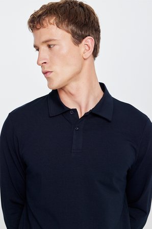 Pamuklu Slim Fit Dar Kesim Polo Yaka Uzun Kollu Esnek Tişört
