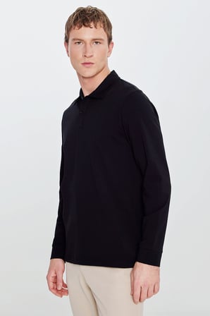 Pamuklu Slim Fit Dar Kesim Polo Yaka Uzun Kollu Esnek Tişört