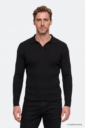 Standart Fit Normal Kesim Polo Yaka Jakarlı Triko Kazak