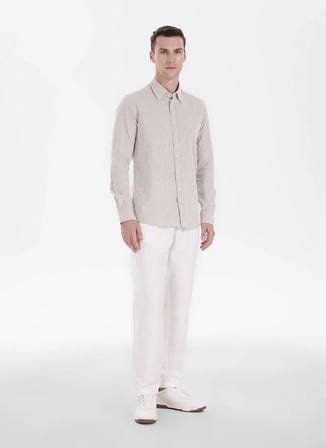 Altınyıldız Classics Bej Erkek Düğmeli Slim Fit Çizgili Gömlek ACE201271103