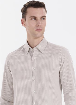 Altınyıldız Classics Bej Erkek Düğmeli Slim Fit Çizgili Gömlek ACE201271103