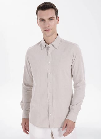 Altınyıldız Classics Bej Erkek Düğmeli Slim Fit Çizgili Gömlek ACE201271103
