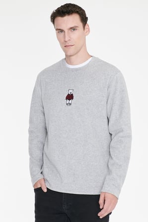 Anti-Pilling Tüylenme Yapmayan Standart Fit Bisiklet Yaka Nakışlı Sweatshirt Polar