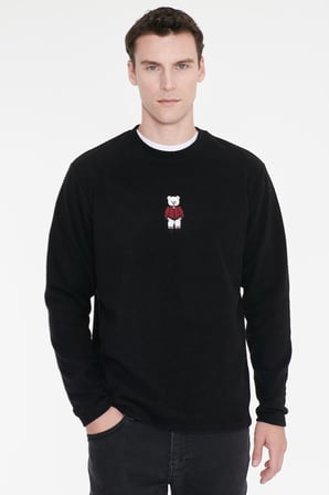 Anti-Pilling Tüylenme Yapmayan Standart Fit Bisiklet Yaka Nakışlı Sweatshirt Polar