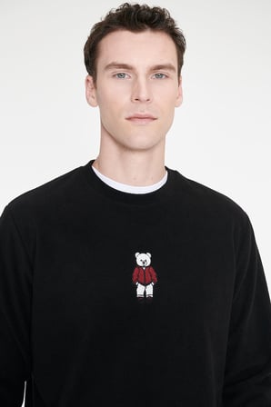 Anti-Pilling Tüylenme Yapmayan Standart Fit Bisiklet Yaka Nakışlı Sweatshirt Polar