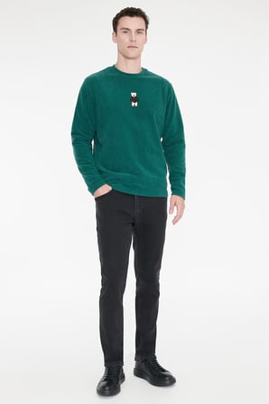 Anti-Pilling Tüylenme Yapmayan Bisiklet Yaka Nakışlı Sweatshirt Polar