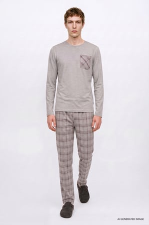 2'li Pamuklu Yumuşak Dokulu Standart Fit Bisiklet Yaka Ekose Desenli Pijama Takımı