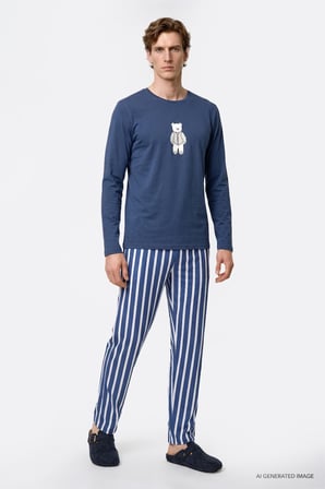 2'li %100 Pamuk Yumuşak Dokulu Yan Cepli Çizgili Pijama Takımı