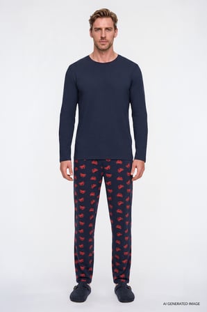 2'li Yumuşak Dokulu %100 Pamuk Standart Fit Bisiklet Yaka Desenli Pijama Takımı