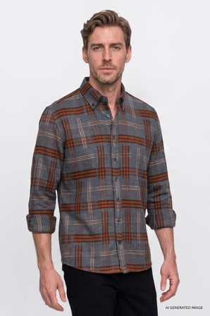 Oversize Fit Bol Kesim Gizli Düğmeli Yaka Ekose Desenli Flanel Gömlek