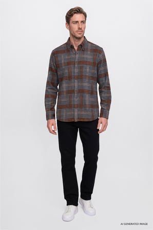 Oversize Fit Bol Kesim Gizli Düğmeli Yaka Ekose Desenli Flanel Gömlek