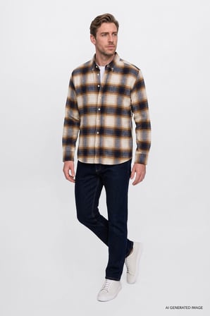 Oversize Fit Bol Kesim Gizli Düğmeli Yaka Ekose Desenli Flanel Gömlek
