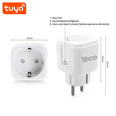 Yeco SP-16 Akıllı Priz, Wi-Fi Uyumlu, Telefonla Kontrol, 16A Akım Koruma, Enerji İzleme, 2 Adet