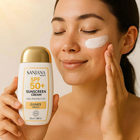 Sanjana Beauty SPF 50+ Güneş Koruyucu Krem | Yüksek Koruma | UVA/UVB Filtreli, Nemlendirici, Leke Karşıtı Güneş Kremi – 50 ml