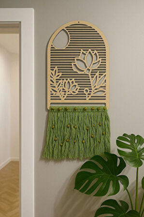 Lotus Motifli Üzerlik Tohumlu Ahşap Duvar Dekoru – Nazara Karşı Koruyucu