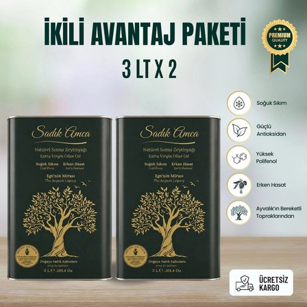 erken hasat soğuk sıkım natürel sızma zeytinyağı 3 lt.x2 özel tasarım teneke