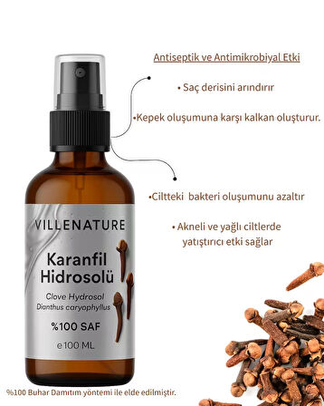 VILLENATURE Karanfil Hidrosolü “Clove Hydrosol” Dianthus Caryophyllus %100 SAF, DOĞAL 100 ML